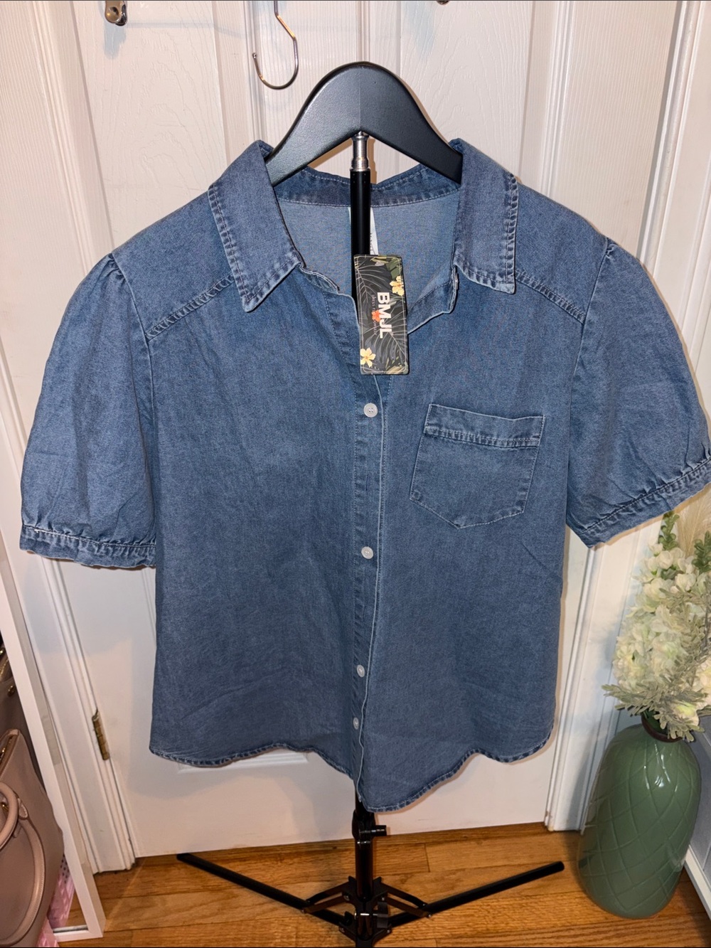 Cute Denim Button-Up Shirt - Blue